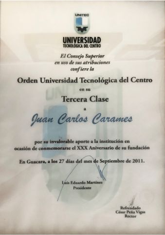 Reconocimiento UNITEC Valencia Estado Carabobo, Venezuela a Juan Carlos Caramés Paz